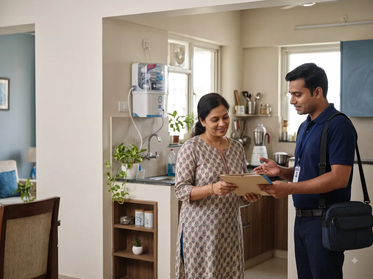 Technician explaining a maintenance plan to a customer at home