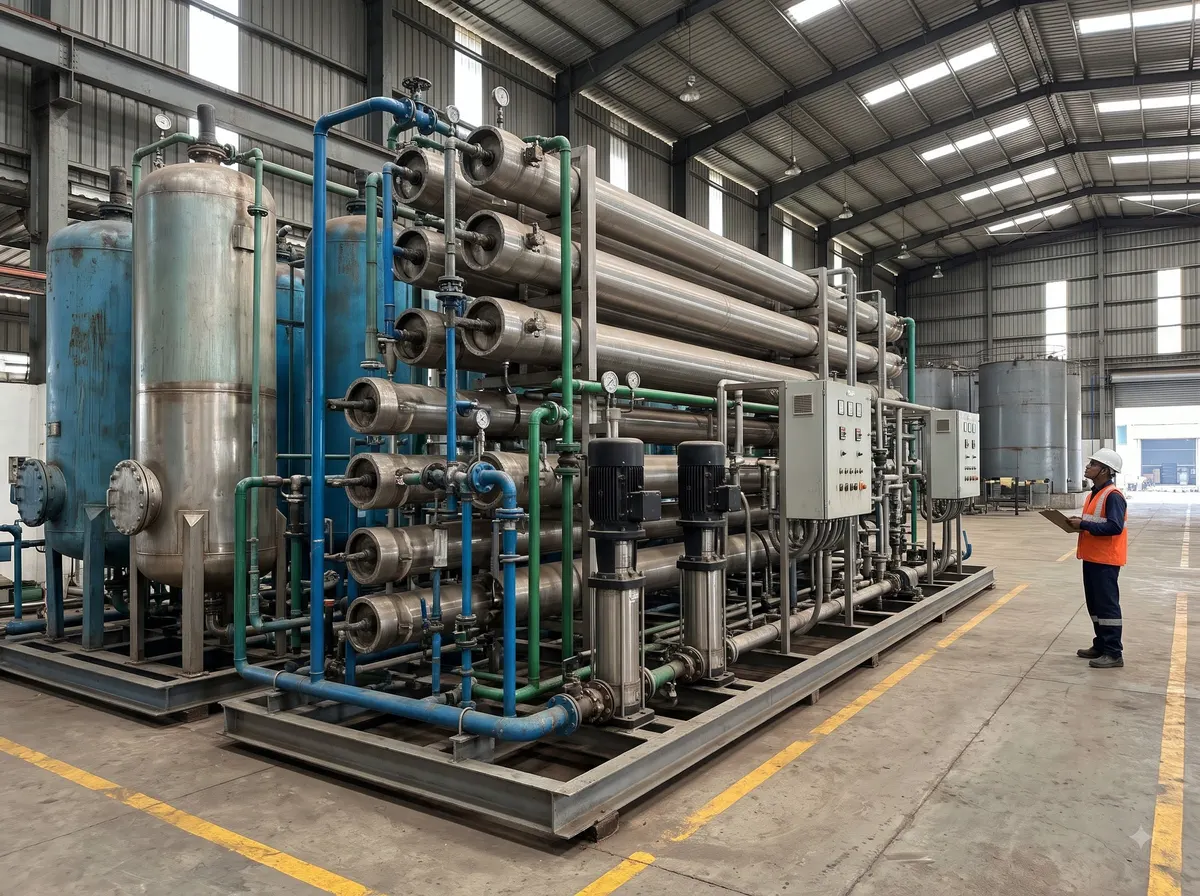 Large commercial RO plant with membrane housings and pumps in an industrial hall