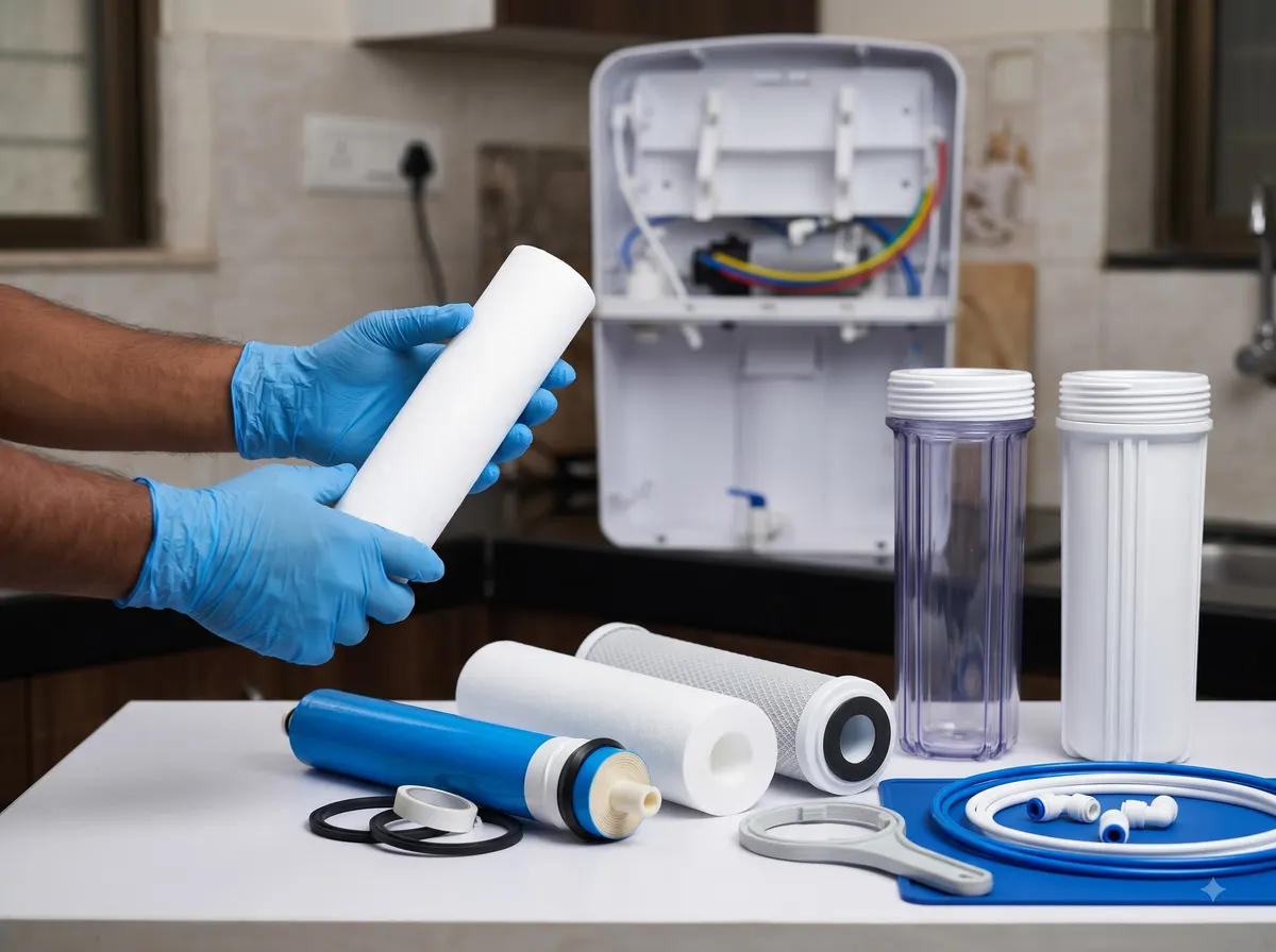 Gloved hands holding a new filter cartridge beside an RO membrane and filter housings