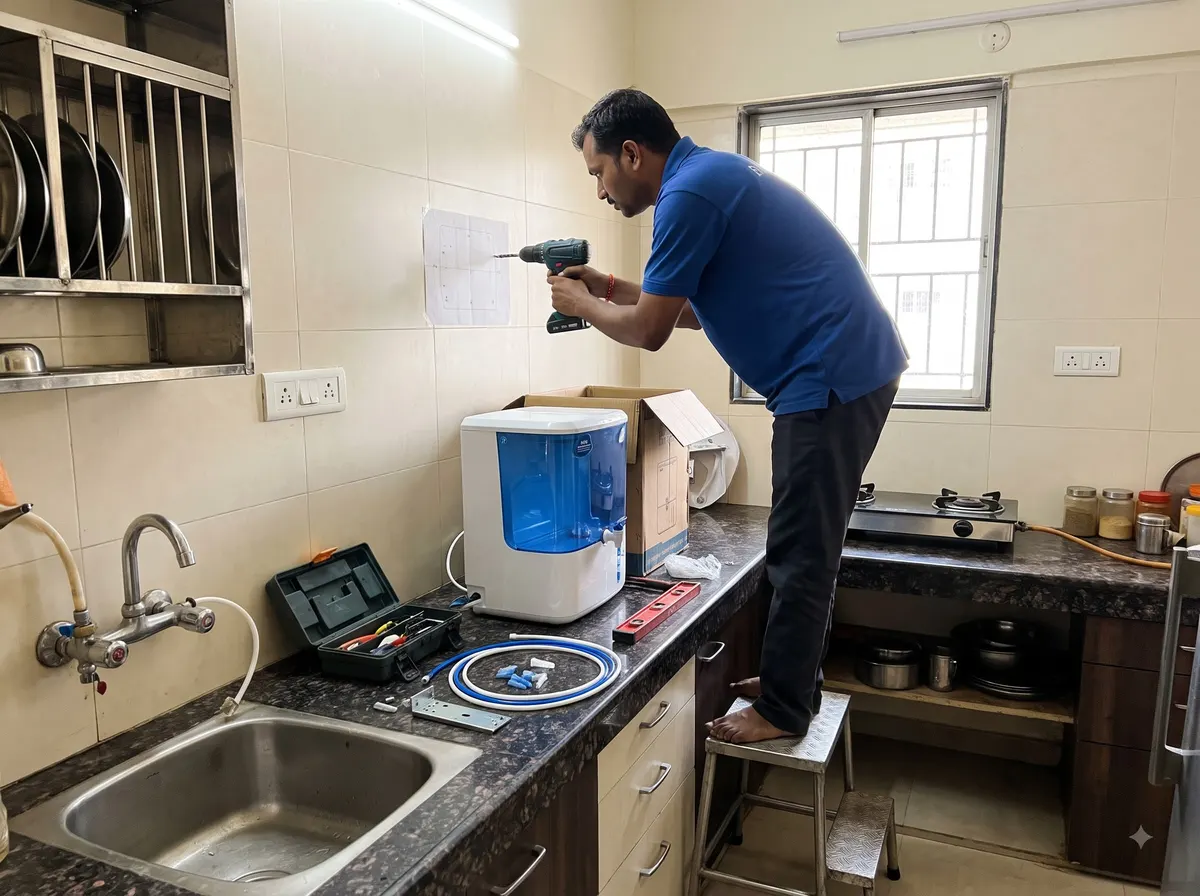 Technician drilling the wall to install an RO water purifier in a kitchen