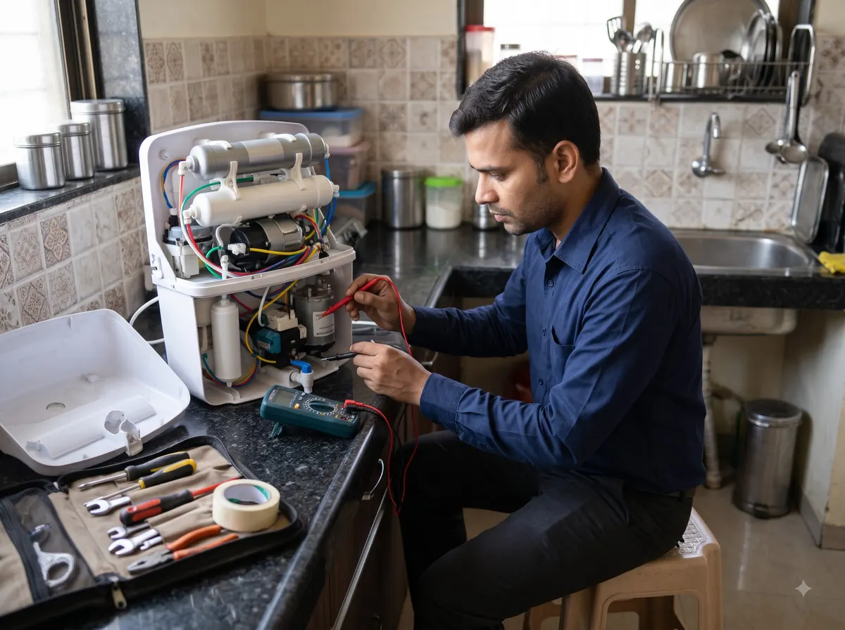 Technician repairing an RO water purifier in a home kitchen