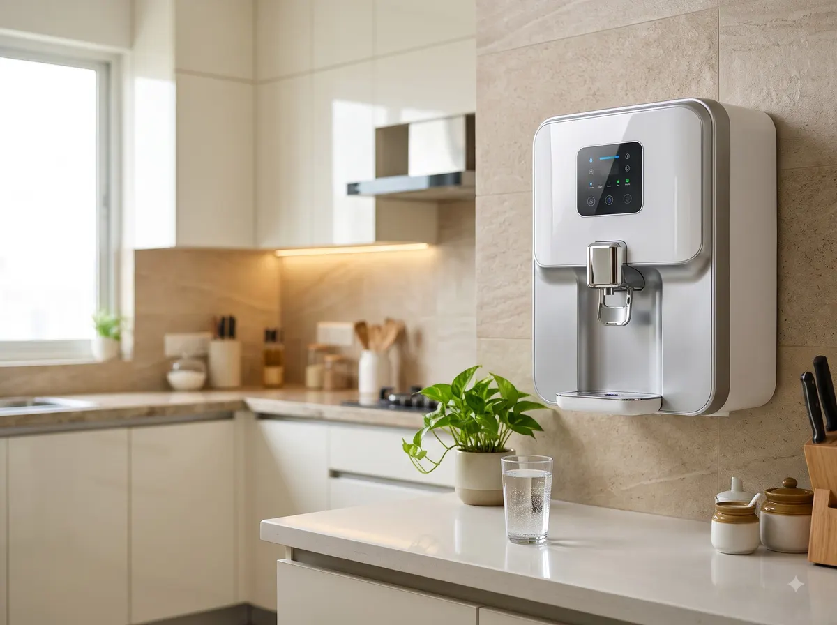 Modern wall-mounted water purifier in a bright kitchen