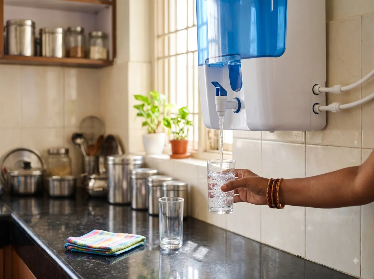 Clean drinking water from a freshly serviced wall-mounted purifier